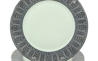 Set of 6 Fine Furstenberg - German Dinner Plates with Wide Silver Rim Border 11 inches diameter
