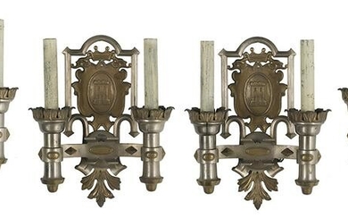 Set of Four Baronial-Style Steel & Bronze Sconces