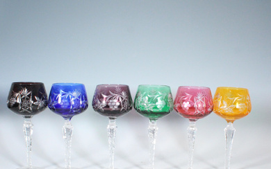 Set of six colored cut crystal wine glasses, Bohemia, second half of the 20th century.