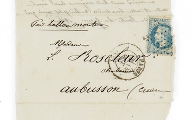 [Siège de Paris] ROSELEUR, Alfred Fragment de lettre autographe signée, envoyée par ballon monté.