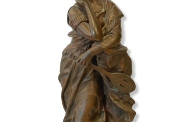 Signed After Adrien Ettinne Gaudeuz French 19th Century Bronze Sculpture Maiden with a Lute