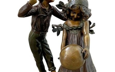 Signed After Auguste Moreau (French, 1834-1917) Bronze Sculpture Boy and Girl Playing with Ball