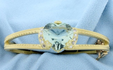 Signed Designer Aquamarine Heart and Diamond Bangle Bracelet in 18K Yellow Gold