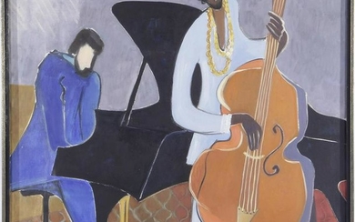 Signed Haibach, Pianist and cellist, canvas dated 1974