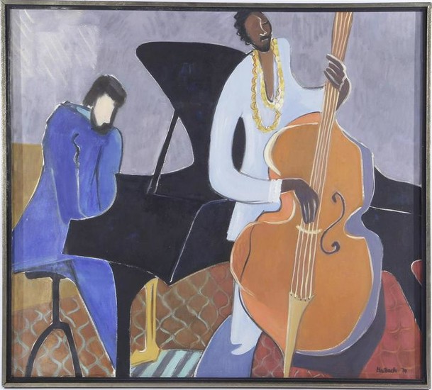 Signed Haibach, Pianist and cellist, canvas dated 1974