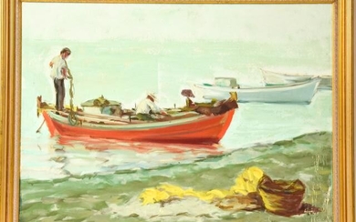 Signed Oil on Canvas Painting of Fishermen