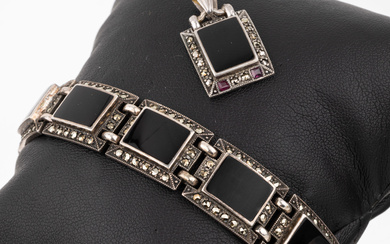 Silver 925 onyx marcasite Art Deco Jewelry set , approx....