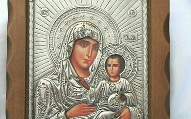 Silver Foil Religious Icon Holy Mother & Child-Mounted