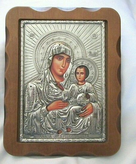Silver Foil Religious Icon Holy Mother & Child-Mounted