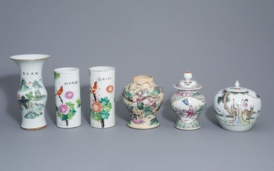 Six Chinese qianjiang cai and famille rose vases,...