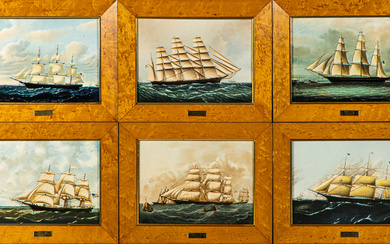 Six framed Wedgwood tiles, each featuring a different clipper ship...
