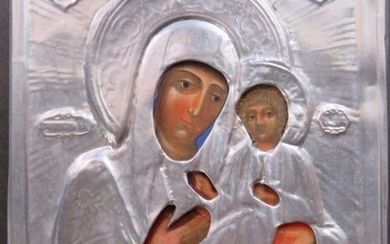 Small Byzantine icon Theotokos Virgin Mary of Smolensk Wood Silvery Oklad
