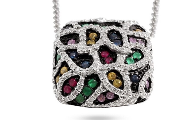 Special Work Magnificent 2.00 CTW Diamonds & Multicolored Gemstones Pendant - 18 kt. White gold - Necklace with pendant