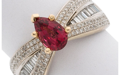 Spinel, Diamond, Gold Ring The ring features a pear-shaped...