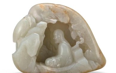 LARGE CELADON AND RUSSET-COLORED RIVER PEBBLE JADE CARVING...