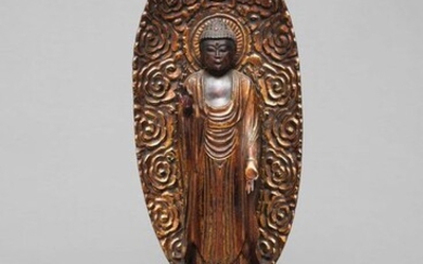 Statue, Buddha - Gilded wood - Gilded wooden Raikō Amida Buddha (Amitabha) standing on a hexagonal throne in front of a mandorla - Japan - Late Edo period
