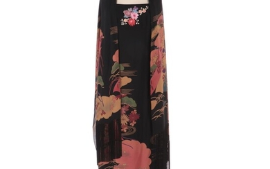 Sue Wong Japanese Inspired Blossom and Pine Embroidered Maxi Dress with Shawl