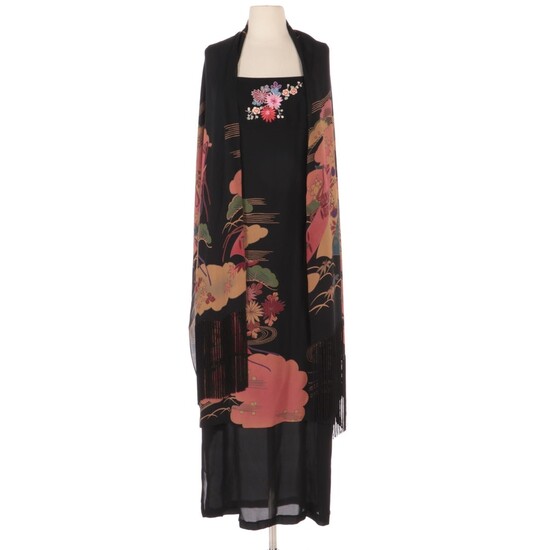 Sue Wong Japanese Inspired Blossom and Pine Embroidered Maxi Dress with Shawl