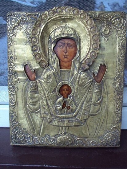 Superb and large decorative icon with oklad - Wood