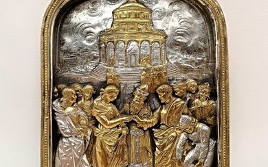 Superb embossed plaque with Renaissance subject - .925 silver, Silver gilt - First half 20th century