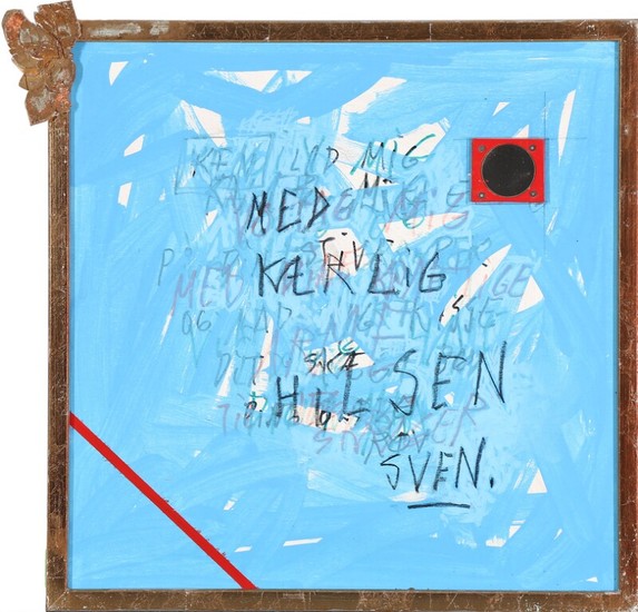 Sven Dalsgaard: “Kærlighedserklæring”, 1996. Signed, titled and dated on the reverse. Acrylic and mixed media on board. 55×53 cm.