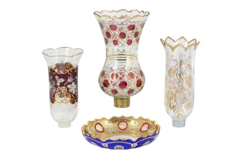 THREE WHEEL-CUT, DIAMOND-CUT AND GILT GLASS LAMP COVERS AND A DISH Possibly Bohemia, Czech Republic, or France made for the Middle Eastern market, late 19th century