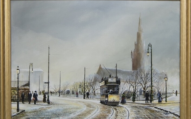 TRAM IN FRONT OF GLASGOW CATHEDRAL, AN OIL BY J DYKES
