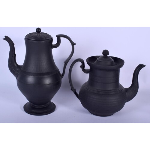 TWO 19TH CENTURY ENGLISH BLACK BASALT COFFEE POTS one with e...