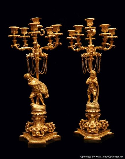 TWO CANDELABRA, FRENCH ANTIQUE GOLD PLATED BRONZE