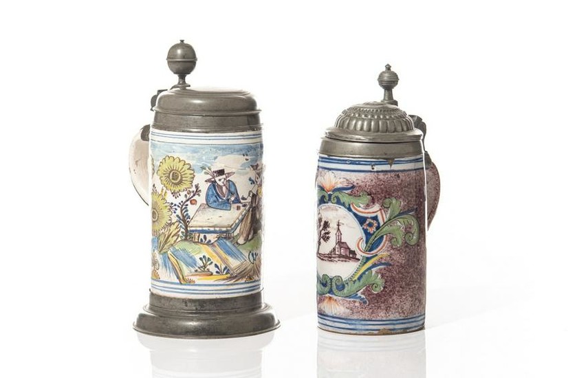 TWO CONTINENTAL FAIENCE TANKARDS