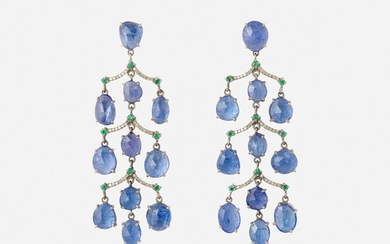 Tanzanite, emerald, and diamond earrings
