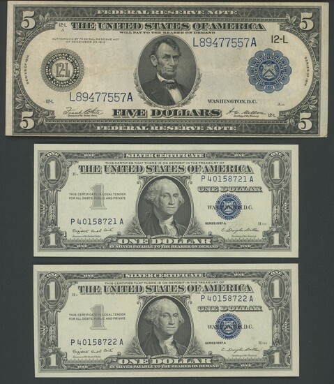 The United States of America, a group of 3x notes, consists of a consecutive pair of $1 silver...
