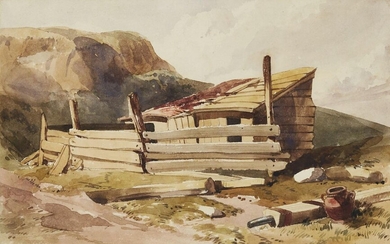 Thomas Shotter Boys, NSW, British 1803-1874- Pigsty; pencil and watercolour on paper, 16.6 x 26.3 cm. Provenance: with William Drummond (1934-2018).; By descent. Note: A late study by the artist.