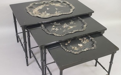 Three Chinese Black Lacquered Bamboo Style Nesting Tables