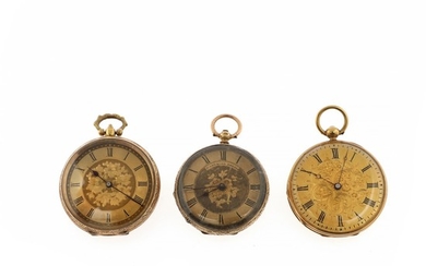 Three Swiss 14k and 18k gold open-face pocket watches. 19th centuries first half. Total weight 30–42 g. Casediam. 36–40 mm. (3)
