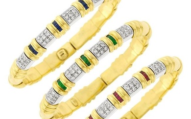 Three Two-Color Gold, Diamond and Gem-Set Bracelets