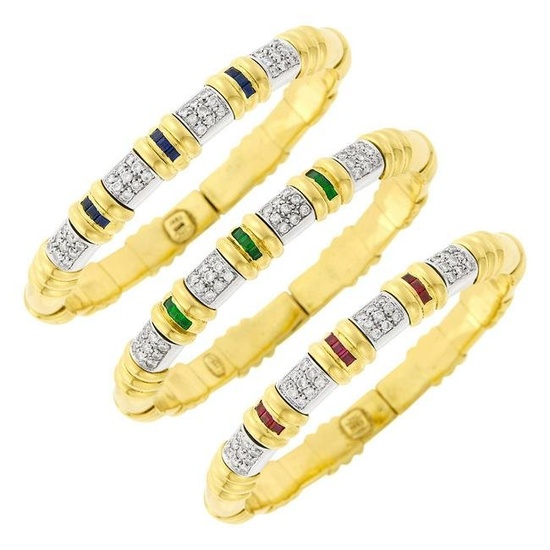 Three Two-Color Gold, Diamond and Gem-Set Bracelets