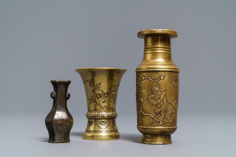 Three small Chinese bronze vases, Song and Qing...