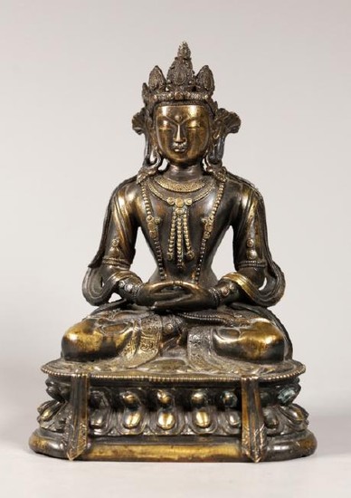 Tibetan 18/19 C Gilt Bronze Seated Amitayus Buddha