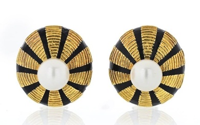 Tiffany & Co. Schlumberger 18K Yellow Gold Black Enamel and Pearl Taj Mahal Clip-On Earrings
