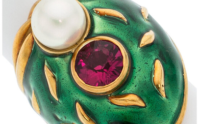 Tourmaline, Cultured Pearl, Enamel, Gold Ring Stones: Round-cut pink...