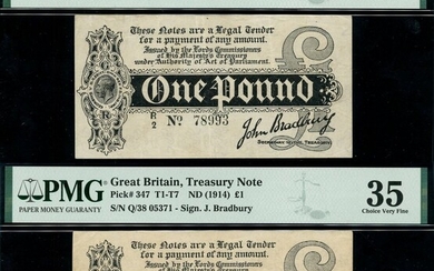 Treasury Series, John Bradbury, first issue £1 (2), ND (7 August 1914), serial number Q/38 0537...
