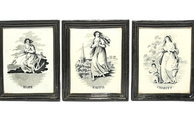 Trois plaques imprimées en pearlware du Staffordshire, 1ère moitié du 19ème siècle, imprimées avec Faith,...