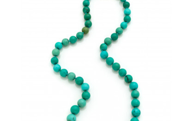 Turquoise graduated bead necklace with 14K chiseled yellow gold clasp, beads from mm 9.56 to mm 14.40 circa, g 86.19...