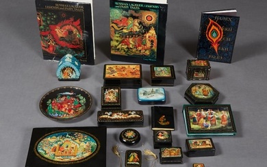Twenty-Four Piece Group of Russian Hand Painted Lacquerware and Books, Largest Box- H.- 1 1/4 in., W