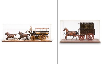 Two Carved and Painted Wood Horse-Drawn Wagon Models First half 20th century
