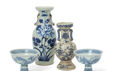 Two Chinese blue and white vases and a pair of stem cups...