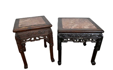 Two Chinese hardwood and marble inset low tables, each with carved and pierced frieze and square supports, 41cm wide x 40cm deep x 43cn high and 34cm wide x 34cm deep x 45cm high respectively