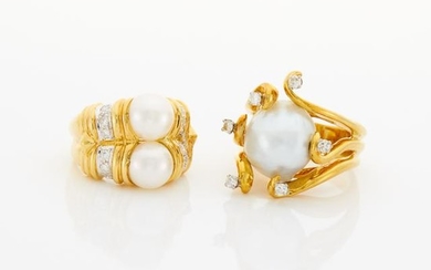 Two Gold, Cultured Pearl and Diamond Rings