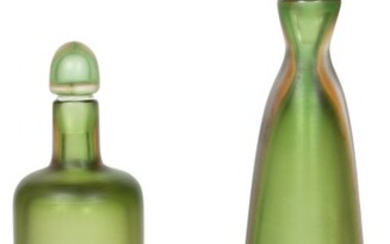 Two Venini Green Inciso Glass Bottles with Stoppers